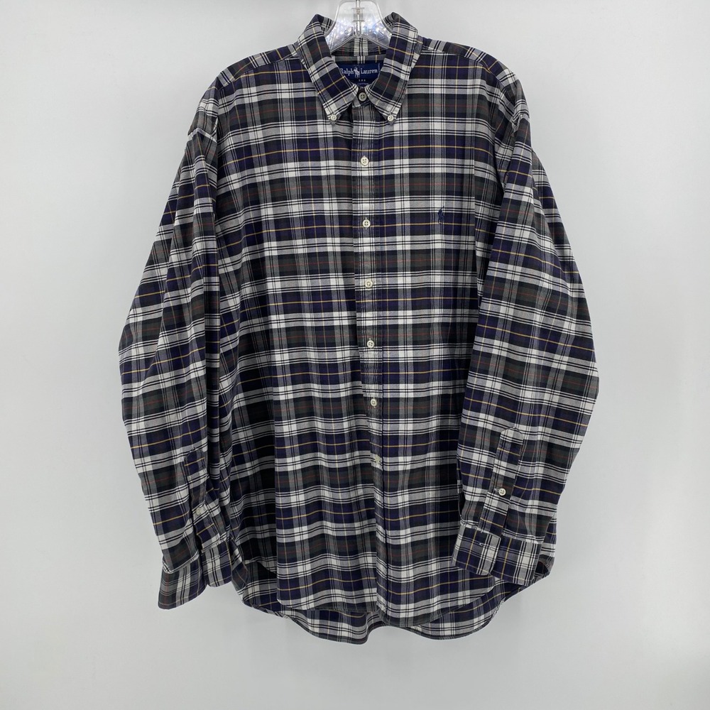 Ralph Lauren Mens XL Plaid Button Down Shirt Blue Green Cotton Long Sleeve Pony